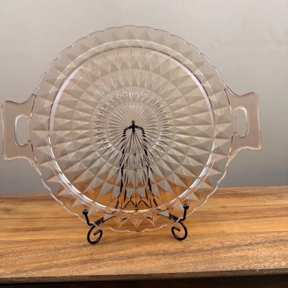 Jeanette Windsor Pattern Pink Depression Glass Cake Plate Handle Platter